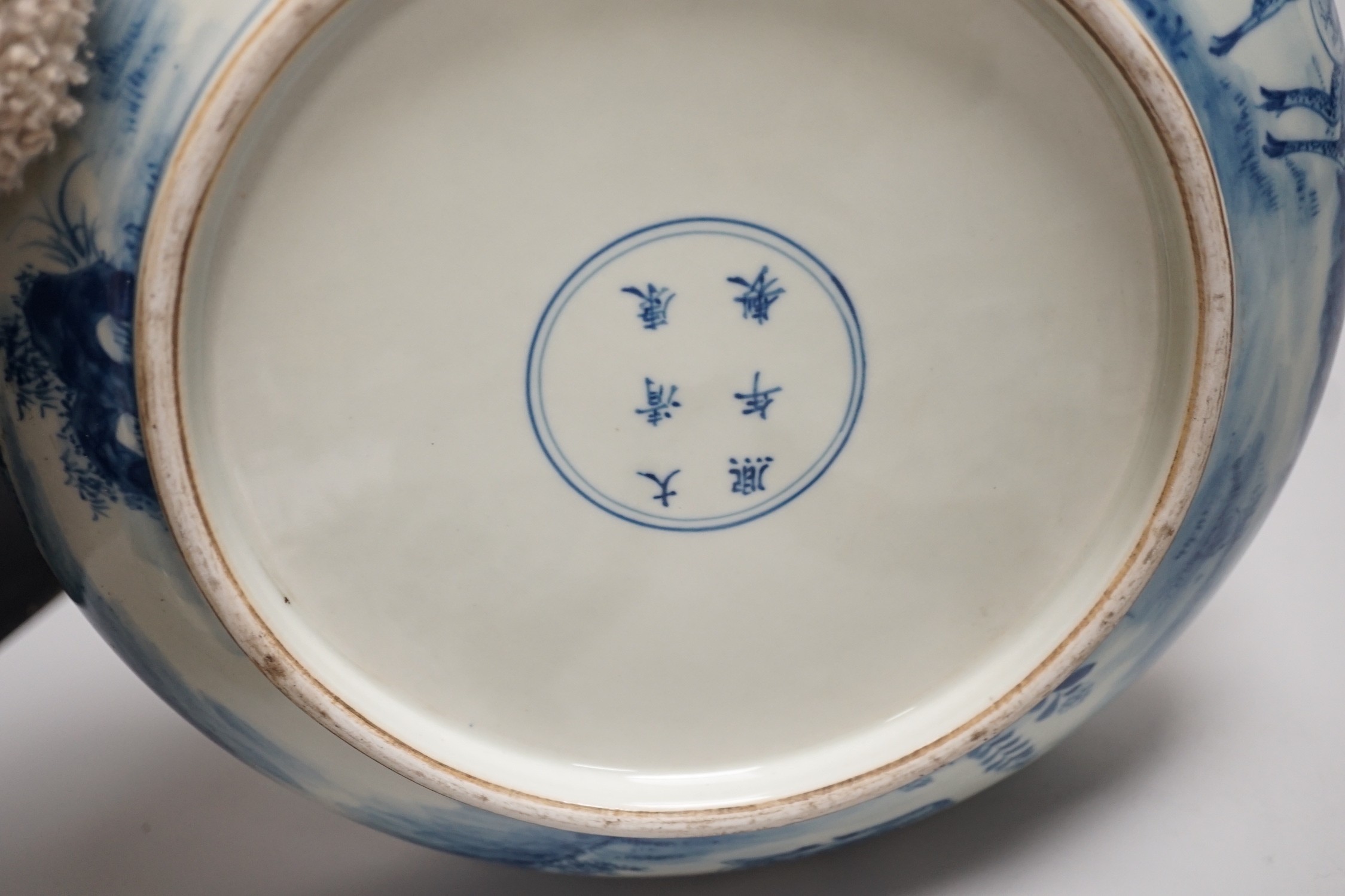 A Chinese blue and white bowl, tea bowl and saucer, and two other dishes, largest 29cm diameter